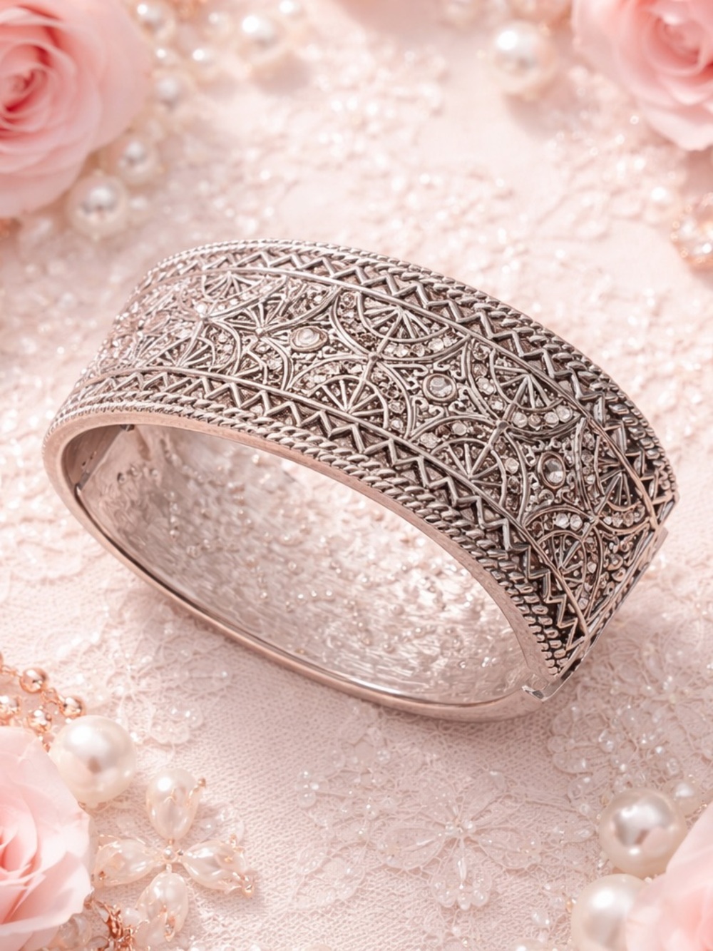 Ornate Silver-Tone Filigree Bangle Bracelet
